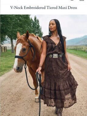 Kemo Sabe X Abercrombie & Finch NWT V-Neck Embroidered Tiered Maxi Dress Brown